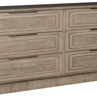 Bowers 6-Drawer Chest by Vanguard Furniture finished by Silverthorne and with a hardware by Satin Brass. Light grey color. Front and side view.