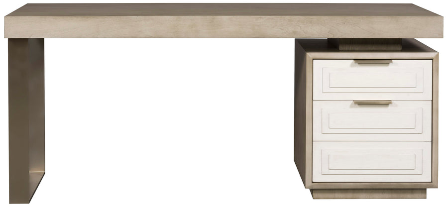 Bower desk with Silverthorne finish, three silk road drawers and Satin brass hardware.