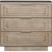 Bowers 3 Drawer Chest by Vanguard Furniture with step panel drawer faces and satin brass hardware, fron view.
