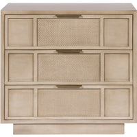 Briarwood Three Drawer Chest by Vanguard Furniture with Woven Textured Face Insert and Satin Brass Hardware., full front view