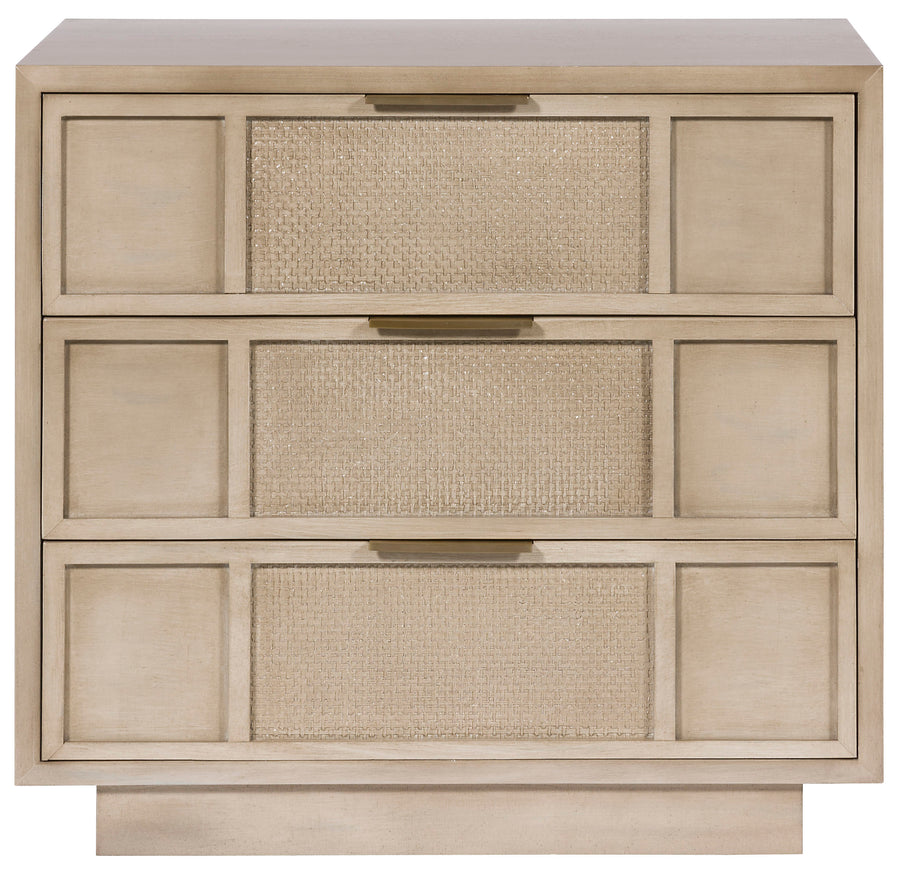 Briarwood Three Drawer Chest by Vanguard Furniture with Woven Textured Face Insert and Satin Brass Hardware., full front view