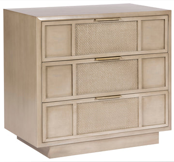 Briarwood Three Drawer Chest by Vanguard Furniture with Woven Textured Face Insert and Satin Brass Hardware.