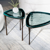 Reuleaux small Cocktail Table with rounded, asymmetrical green glass top and elegantly tapered legs.