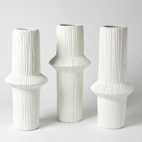 Three Ascending Ring vases with pointed collar, heavily textured and finished in a matte white glaze.