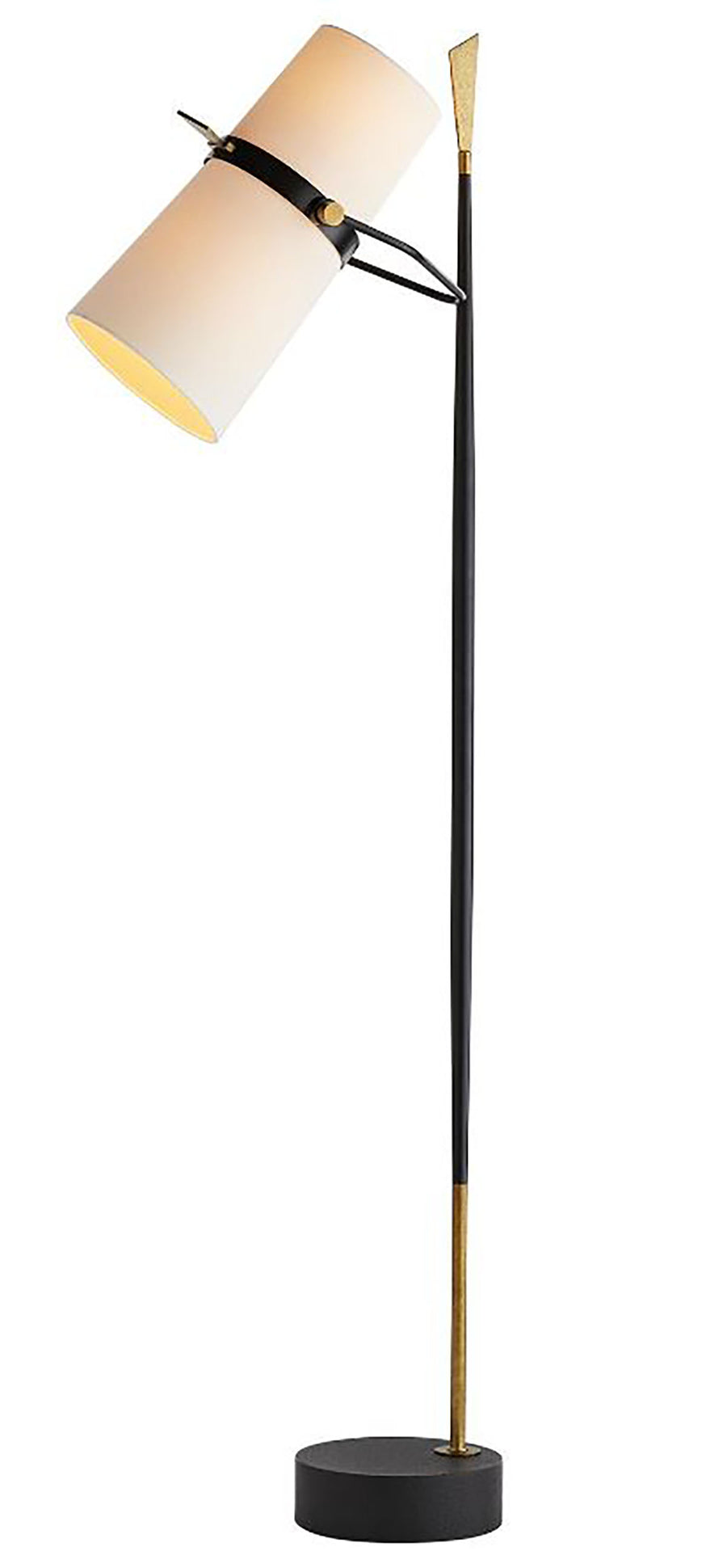 Yasmin Antique Iron modern Floor Lamp with a black iron tapered slender vertical rod and a blade shaped vintage brass finish finial.