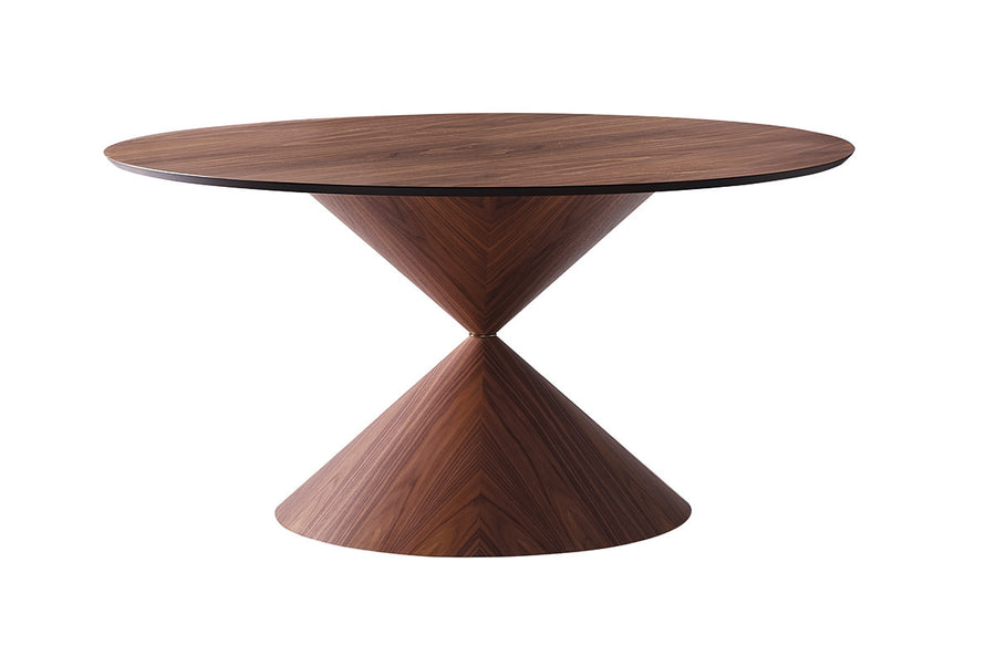 Fixed round Clessidra Dining Table with wooden base and wooden top.