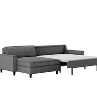 American Leather Mitchell Two Seat Standard (Queen) Comfort Sofa bed in black color, with high wooden legs, front and side view, pulled-out.