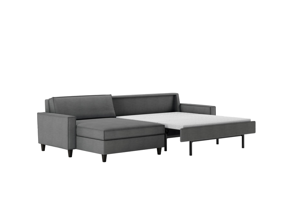 American Leather Mitchell Two Seat Standard (Queen) Comfort Sofa bed in black color, with high wooden legs, front and side view, pulled-out.