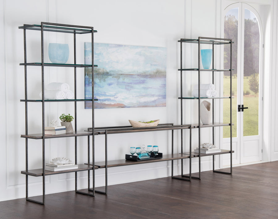 Multiple Spa Etagere shelfs joined and placed in a room with various decorative items on the shelfs.