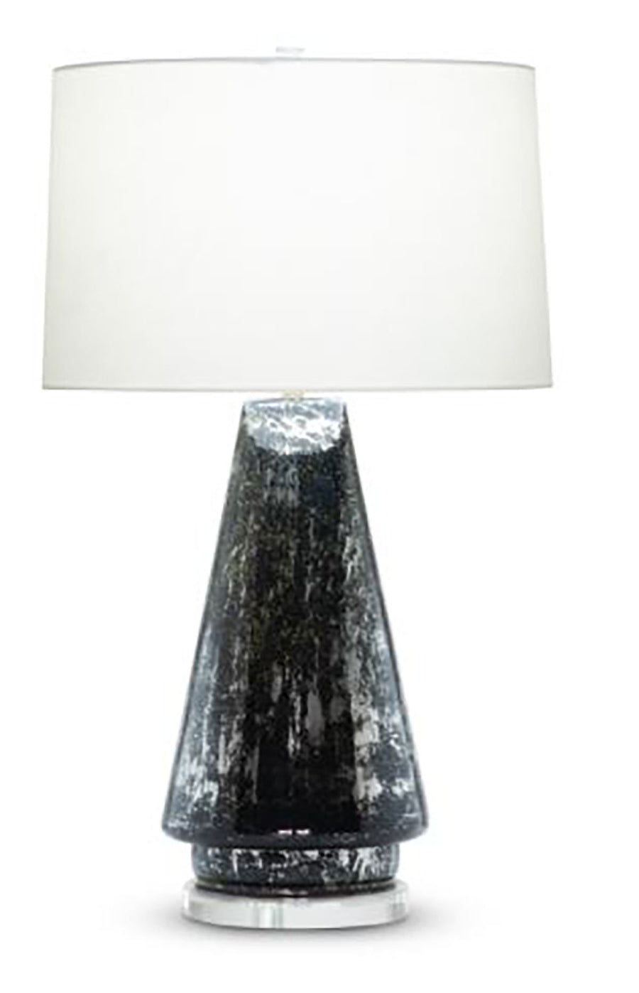 Morgan Table Lamp with a tapered silhouette body, acrylic base and white drum shaped shade.