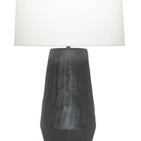 Urn shaped Sebastian Table Lamp with Black ceramic textured and modern body nad a white drum shade.