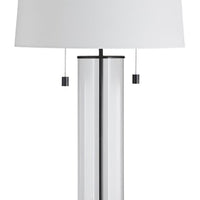 Savannah Table Lamp with body done in glass and brass and white drum shade.