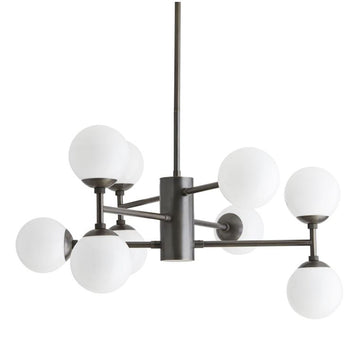 Dudley Chandelier with asymmetrical design, steel foundation with a distinct bronze finish, and nine large opal glass globes extend from the linear tiered arms.