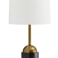 Grove Table Lamp with white drum shade and antique brass and bronze body.