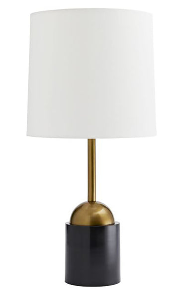 Grove Table Lamp with white drum shade and antique brass and bronze body.