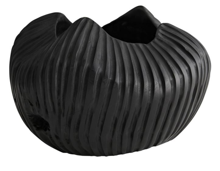 Black Ulani Small Centerpiece from natural teak root with irregular shape and hand-carved ribbed surface.