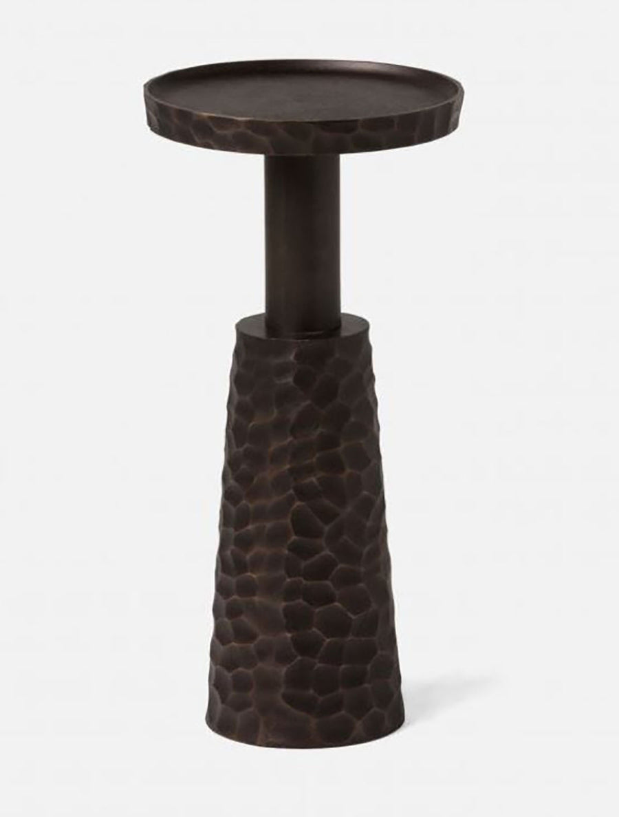 Dark Judah Side Table from  hammered Antique Copper aluminum with a butter churn column and round beveled top.