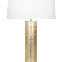 Melville Table Lamp with white drum shade, antique brass finished base and tall column body  handmade of mouth-blown glass with a Gold Metallic finish.