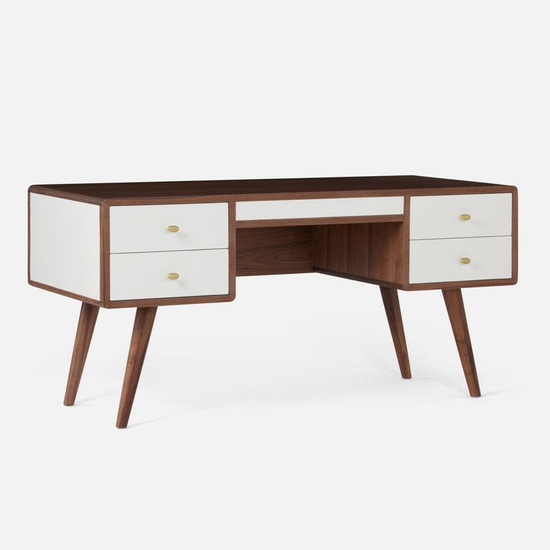 Delmira Desk with four drawers covered in dove white faux canvas and spacious top, cabinet, and angled tapered legs, all hand-crafted from the highest quality stained walnut.