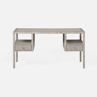 French gray Isla Open Shelves Desk with two drawers and slender legs reinforced by a box stretcher.