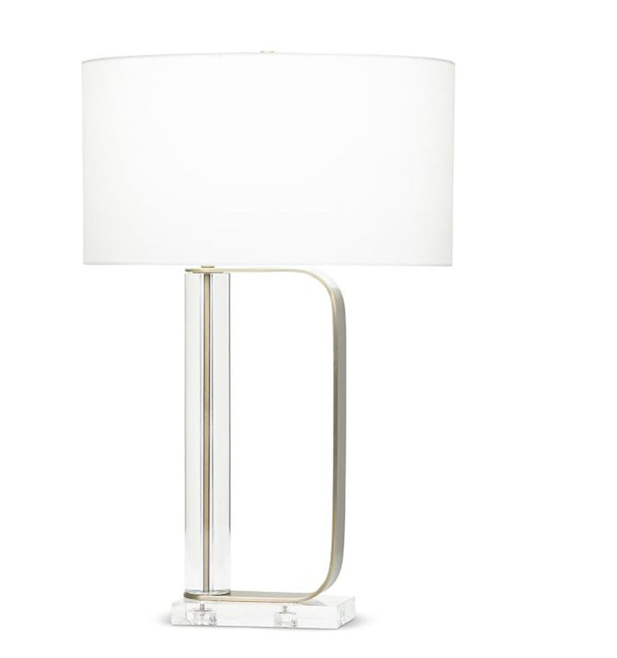 Gabby table lamp with a white shade and antique brass and crystal body.