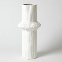 Ascending Ring vase with pointed collar, heavily textured and finished in a matte white glaze.