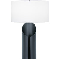 Jade Table Lamp with a white drum shade and organic silhouette body that combines with a deep Black Matte finish.