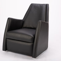 A black leather Kate swivel armchair. Front and side view.