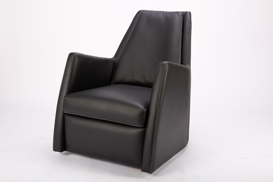 A black leather Kate swivel armchair. Front and side view.