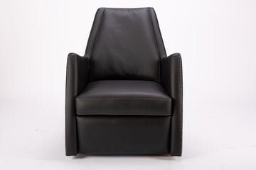 A black leather Kate swivel armchair. Front view.