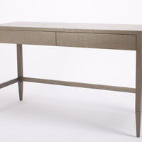 Conrad Desk with clean and simple design, finished in “seal” colored faux raffia, and with two flush drawers.