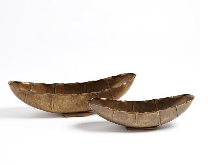 Two Larkin Bowls crafted from brass with an antique finish, oblong in shape.