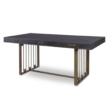 Three drawer Marcel Desk in Variegated Black with brass wrap.