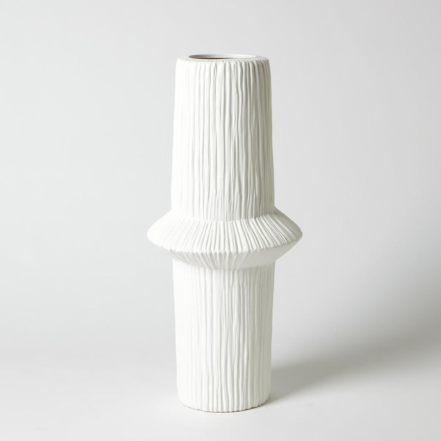 Ascending Ring vase with pointed collar, heavily textured and finished in a matte white glaze.
