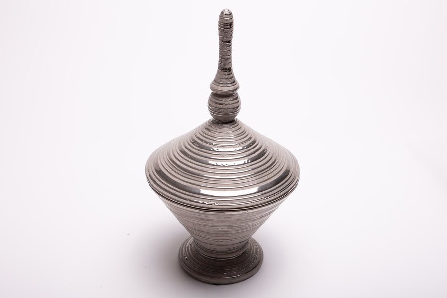 Nifty Lidded ceramic Jar in silver metallic glaze.