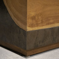 Yuka wood Kobe console with the anodized metal panels and toasted finish, closed up view.