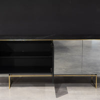 Magda Buffet with marble ceramic and Sovet's signature mirrors and four doors, presented with two doors opened.
