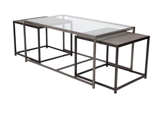 Metal nesting cocktail table consisting of glass top center table and 2 outer bunching tables, slide under the ends of the center table