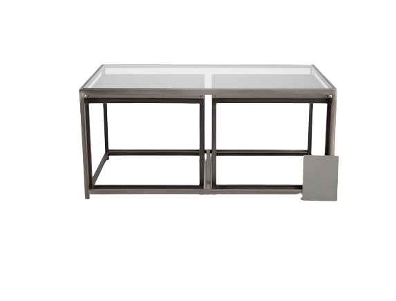 Metal nesting cocktail table consisting of glass top center table and 2 outer bunching tables, slide under the ends of the center table