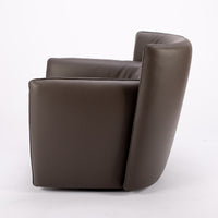 Dark brown leather Tulip swivel armchair, endowed with a lower-back cushion. Side view.