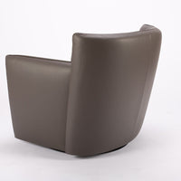 Dark brown leather Tulip swivel armchair, endowed with a lower-back cushion. Side and back view.