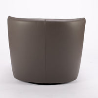 Dark brown leather Tulip swivel armchair, endowed with a lower-back cushion. Back view.