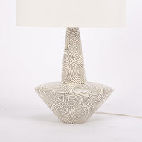 Toronto table lamp with white drum shade and geometric black design that contrasts the ivory ceramic gloss creating an unusually artful combination.