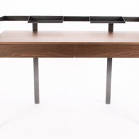 Wooden Zac Desk with steel framing, floating trays and 2 full pencil drawers. Front view.