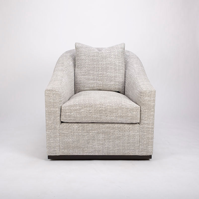 A white mid sized Holly Swivel Chair with Premium down and feather cushioning and wood trim base. Front view.