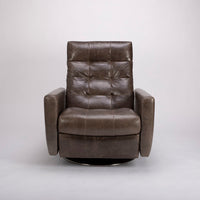 American leather Como LG zero-gravity recliner chair with plush buttonless tufting on the back and seat cushions, brown, front view.