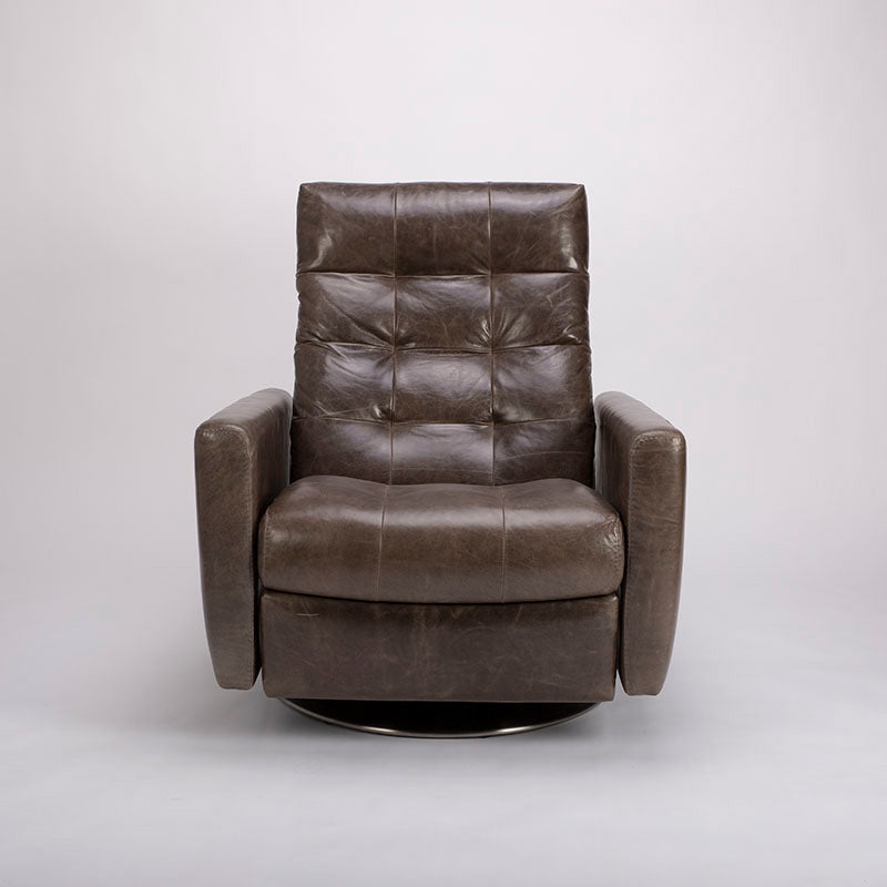 American leather Como LG zero-gravity recliner chair with plush buttonless tufting on the back and seat cushions, brown, front view.