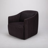 Dark brown fabric Viki swivel lounge chair with tapered arms and tight seat design, side and front view.