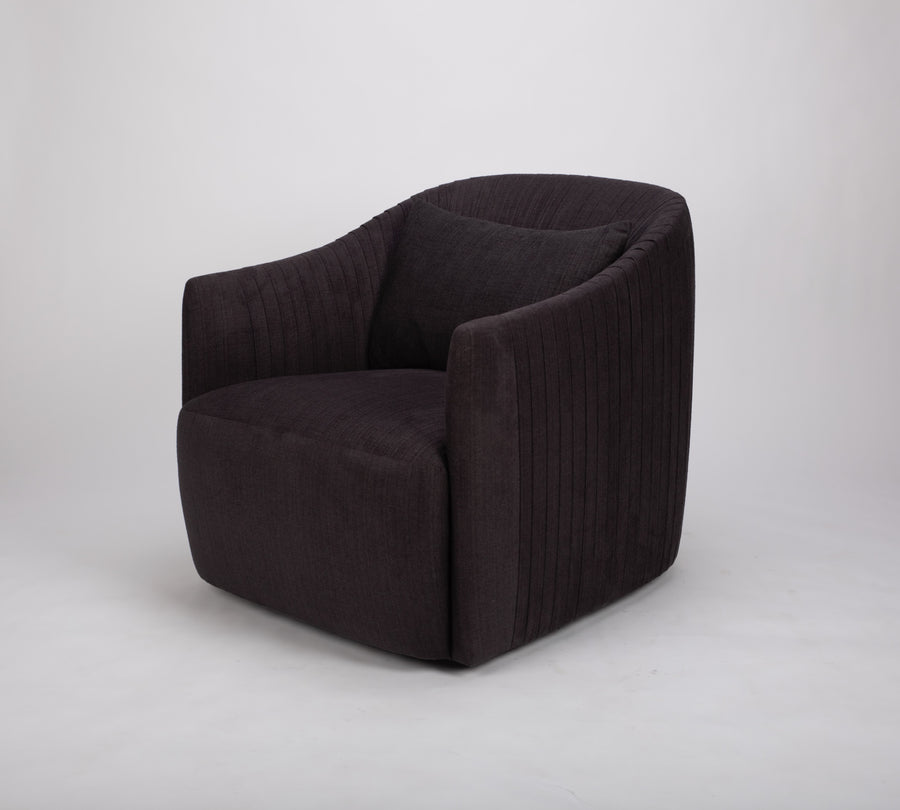 Dark brown fabric Viki swivel lounge chair with tapered arms and tight seat design, side and front view.
