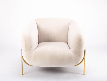 A white GEO lounge chair with light volume metallic legs, front view.